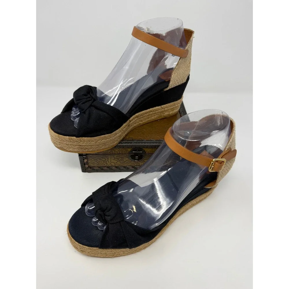 Tory Burch Black Canvas Bow Espadrille Wedge Sandals Tan Leather Ankle Strap 8